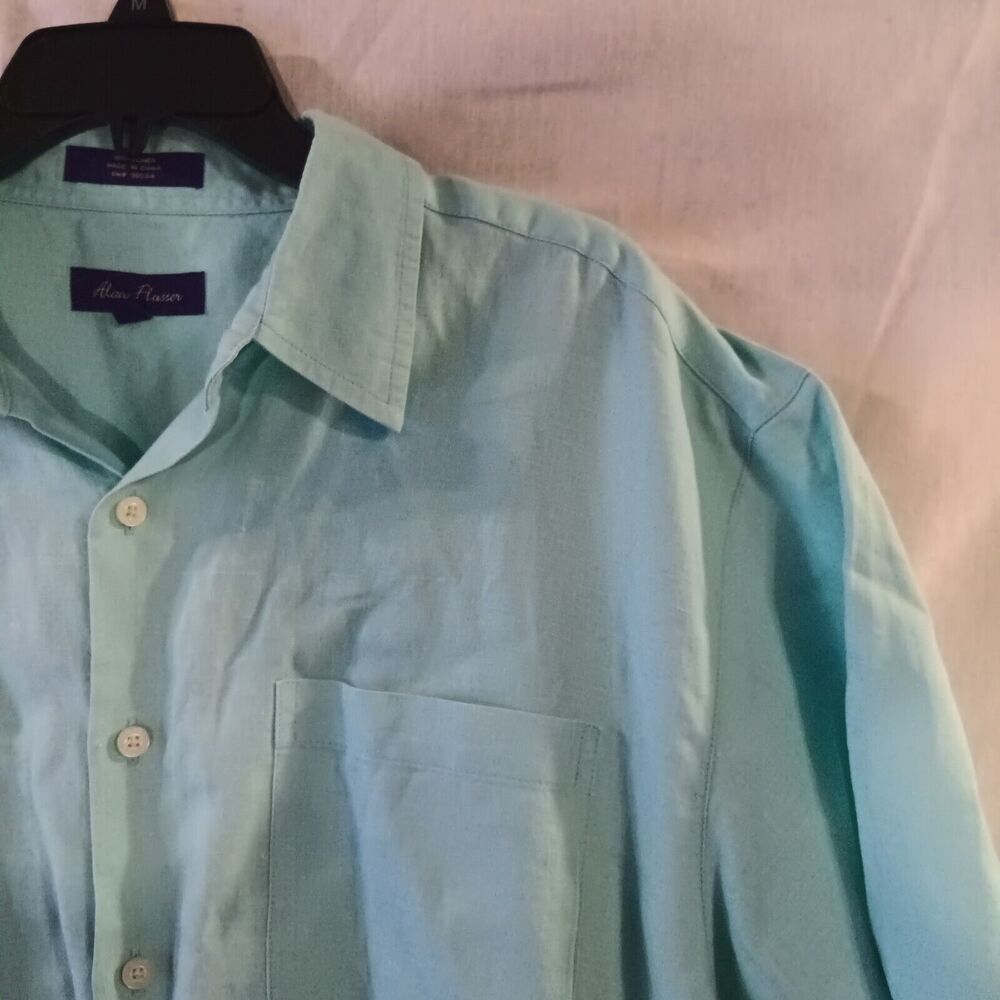 Alan Flusser Mens Short Sleeve Button Shirt Sz. Lrg /Aqua Blue/100% Linen/Pocket